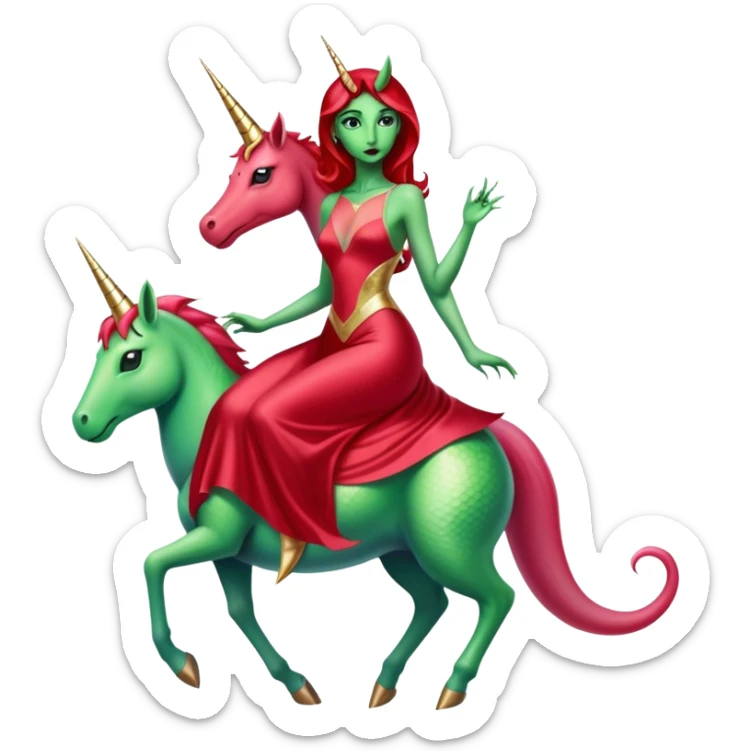 reptilian green alien woman, in long slim pastel red formal party satin dress with gradient shiny sparkling dark red, rides unicorn gold and white
 sticker