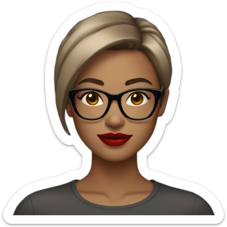 face of a 25 year old woman with short dark brown straight hair, bright red lipstick, eyeliner, and square light brown glasses sticker