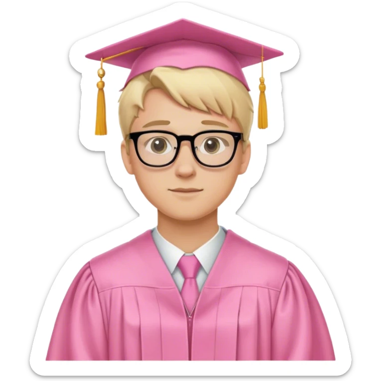 A blonde-haired young white man, wearing glasses, in the middle of his graduation with a pink theme sticker