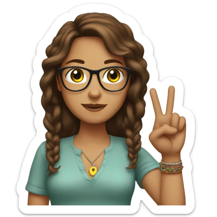 A white women with brown hair emoji with glasses, green eyes and doing the peace sign with bracelets around her wrists sticker