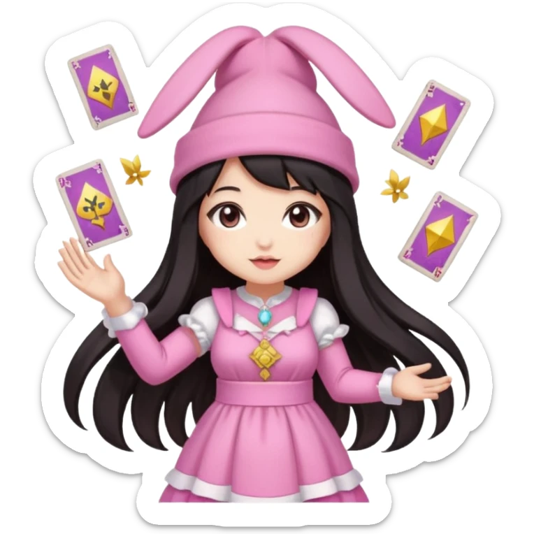 pixel art chibi asian girl with dark long hair in pink bunny hat magical girl with tarot cards thrown in air pixel emoji sticker
