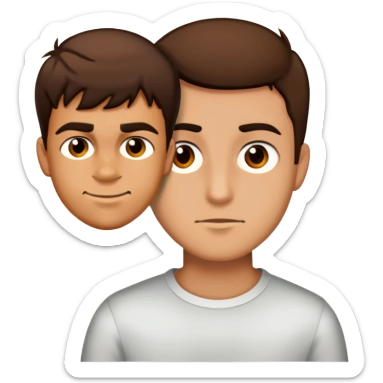 Make the emoji of the guy look as close as possible to the guy in the photos. Match the hair shape and color, eyebrow shape, eyes, nose, lips, skin tone, and facial expression. Keep the emoji style and composition unchanged. sticker