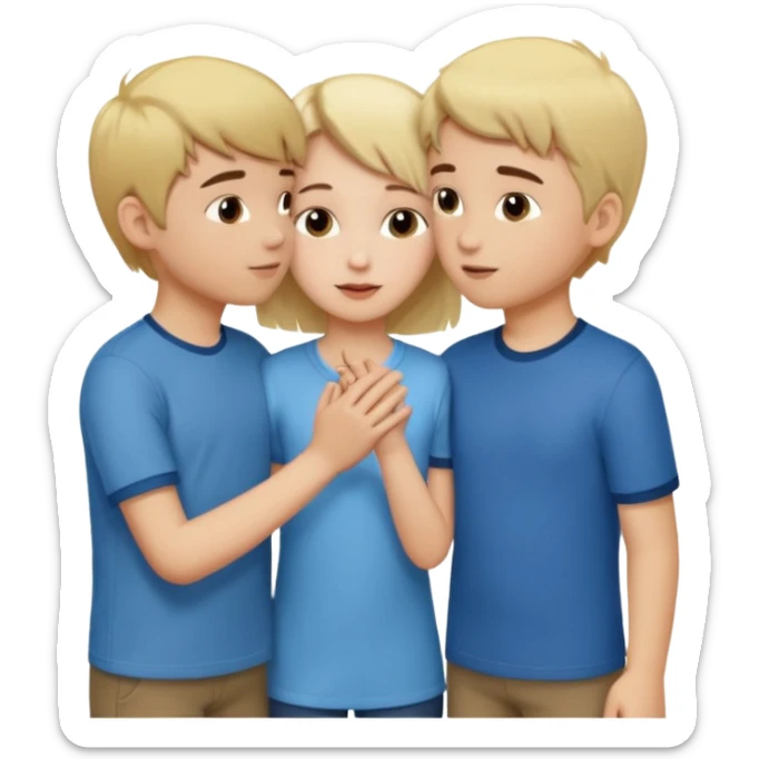 iOS emoji style.
One girl, two boys.
The girl is holding hands with one boy and kissing the other boy at the same time.
Both boys are male, one blond, one brunette.
All characters are human, not female duplicates. sticker