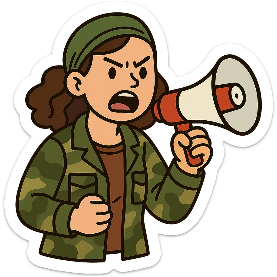 flat toon style woman with green headband, camo jacket, holding a megaphone, angry expression sticker