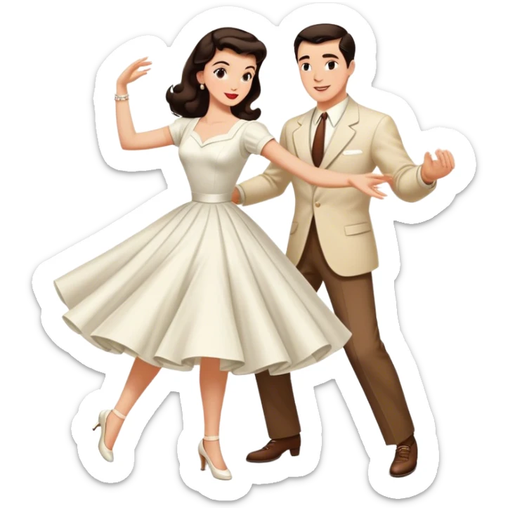 Beautiful woman in 1950’s woman fashion look, white dress, long dark brown hair, balboa couple dance  sticker