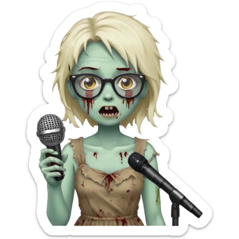 singer, Zombie girl, super happy, wearing dress, holding mic, glasses sticker