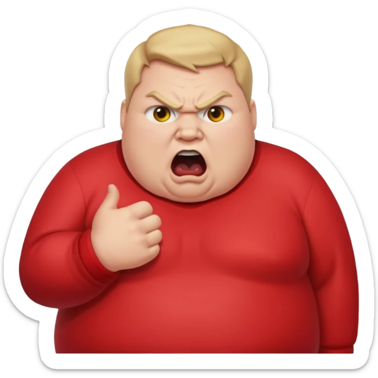 obese man angry, bulging eyes, shouting, 'PRONOUNS' at the top, Apple emoji style sticker