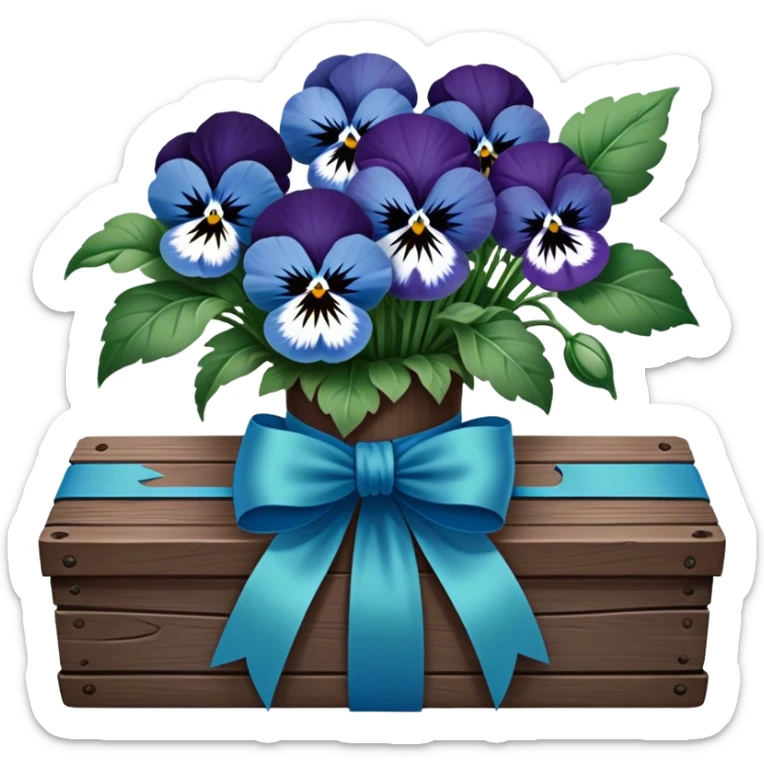 A beautifully tied deep green ribbon wrapped around a bouquet of soft blue pansies, displayed on an antique wooden table. sticker