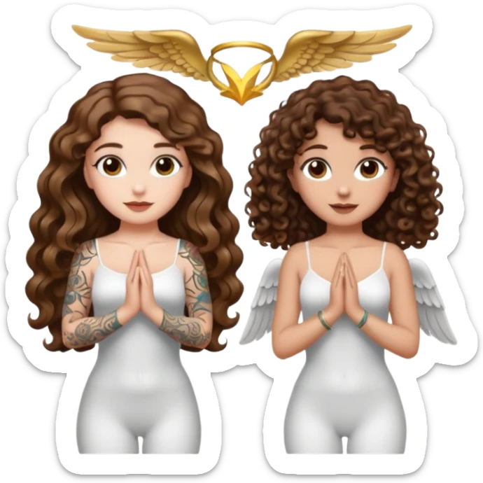 fake angel pose — long wavy brown hair tattooed woman and short tight curly brown hair woman — halo sparkle sticker