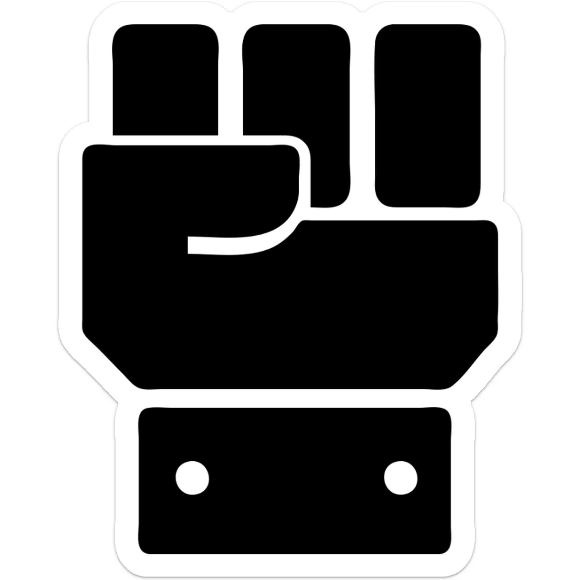 Powerful robot fist, blocky and mechanical, with only 3 very wide fingers all the same height, total width of the 3 fingers matches the fist width, in a solid red filled icon style with transparent background. sticker