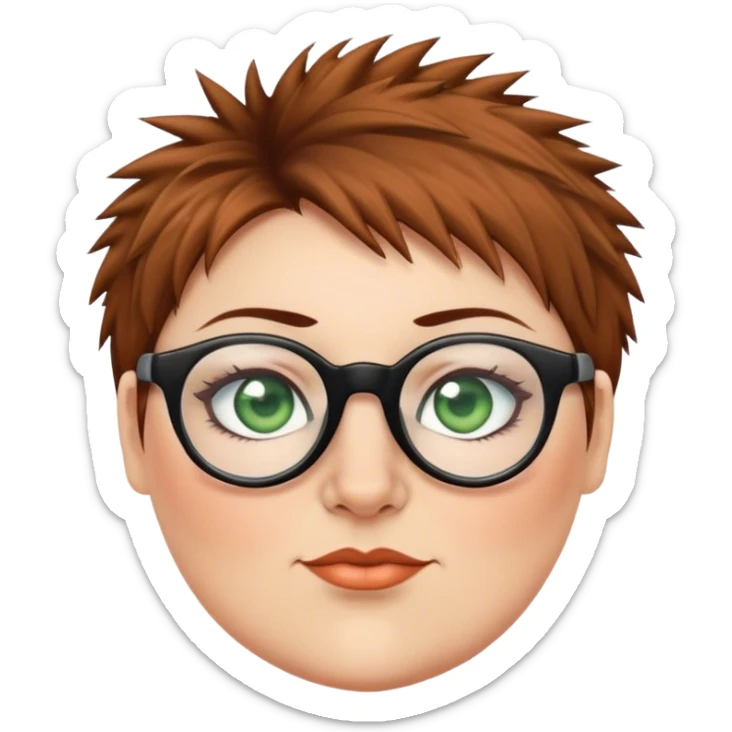  plus size white women round nose with short  brown shaggy spiked hair wearing glasses green eyes  sticker