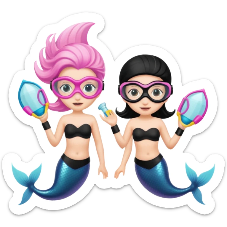 2 Mermaids one wearing a light pink snorkel mask and the other wearing black snorkel mask sticker