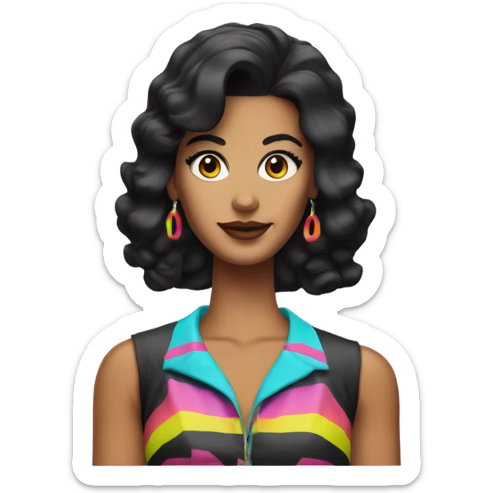 Tanned woman with black hair dressed in 1980s hair, makeup, and neon attire  sticker