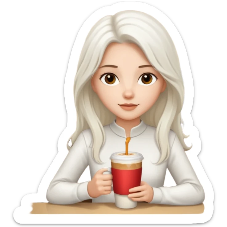 white long haired brunette with brown eyes and a white outfit, drinking a caramel machiatto sticker