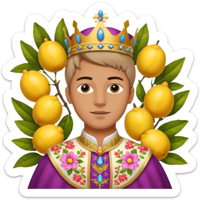 attractive young man and the Queen of the Huerta 2024 in Murcia, dressed in regional costumes, surrounded by flowers and lemons sticker