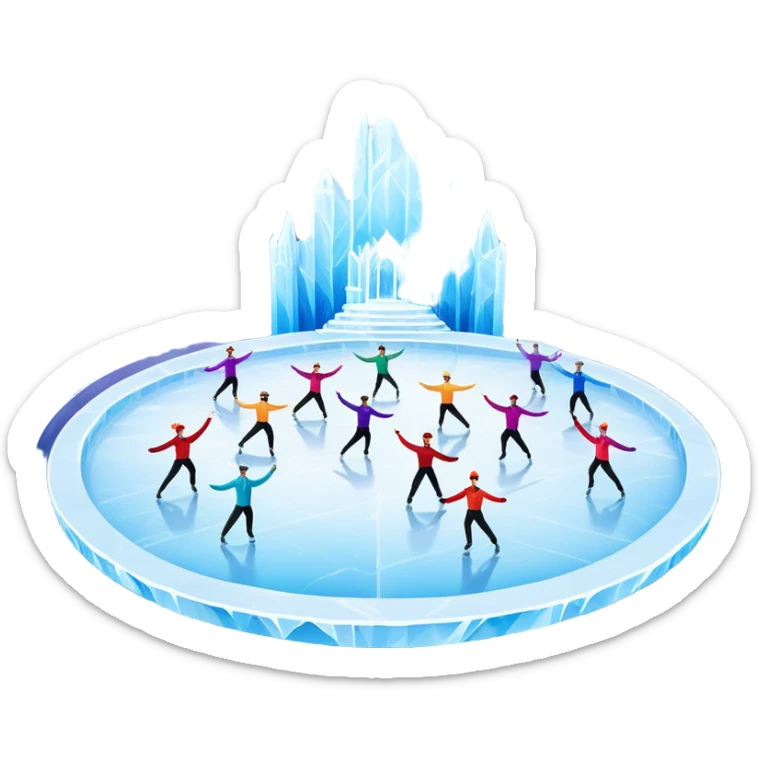 An icon of a theatrical ice show with costumed figure skaters performing a dramatic scene on a glowing ice stage. Spotlights, colorful scenery, and a cheering audience in a grand arena convey the magic and artistry of the ice performance. Transparent background included. sticker