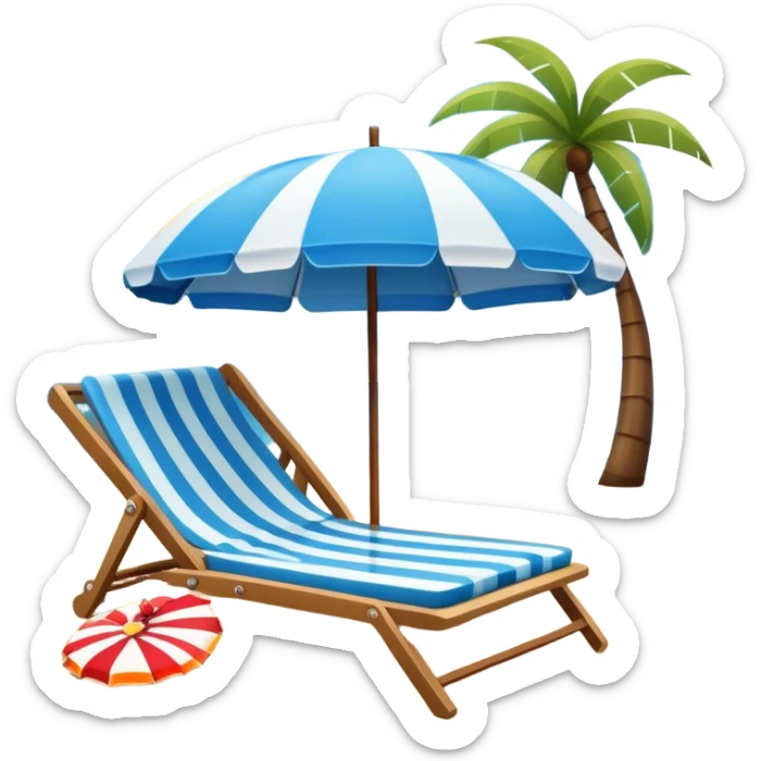 Icon for Beach Tourism: a sandy beach with a lounge chair, sun umbrella and flip-flops, ocean landscape in the background. The icon should capture the relaxation and fun of a beach vacation. Transparent background sticker