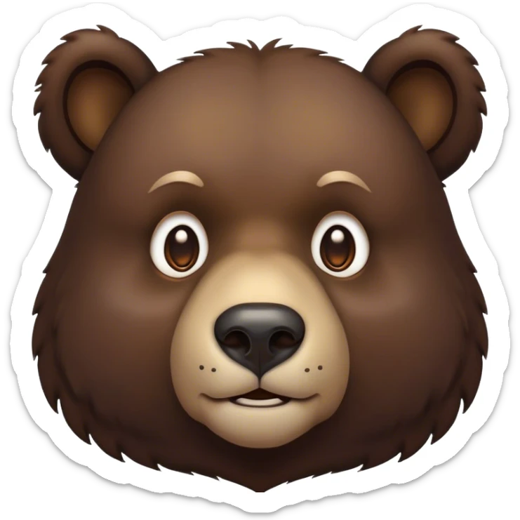 Cinematic Noble Bear Portrait Emoji, Poised and regal, with a large, imposing build and a thick, well-groomed rich dark brown fur, deep-set soulful eyes, Simplified yet sharp and sophisticated features, highly detailed, glowing with a soft, dignified glow, high shine, intelligent and formidable, stylized with an air of wild majesty, focused and attentive, soft glowing outline, capturing the essence of a watchful and commanding guardian, so majestic it feels as though it could lumber out of the screen with effortless authority! sticker