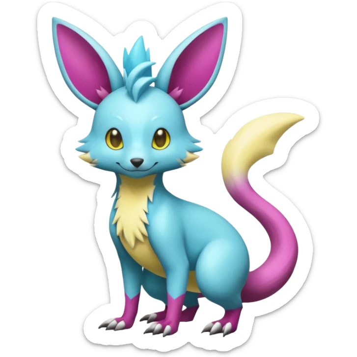Shiny smooth silky soft Cyan-Yellowish-Magenta Minccino-Zeraora-Emolga-Vernid-Sergal-fusion-hybrid-animal-creature, full body sticker