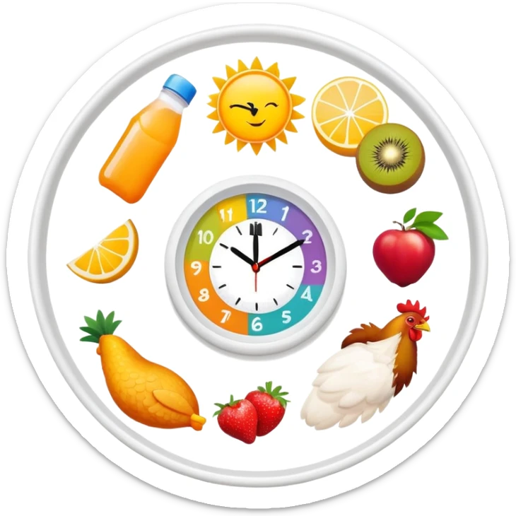 Daily fitness nutrition schedule with water bottle, sun, chicken and rice plate, gym equipment, yogurt, fruit, and sleep symbol arranged in a circle like a clock sticker