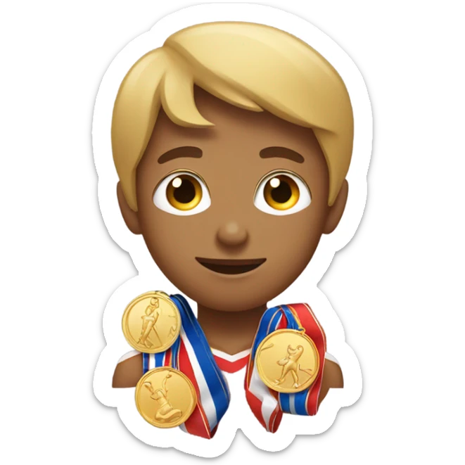 Boy with 5 of gold medals on his neck near the sailboat sticker