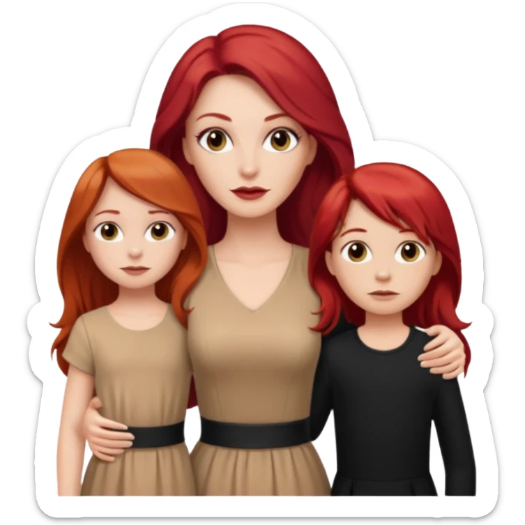 White woman in beige dress with long red hair and makeup with two kids in black clothes  sticker