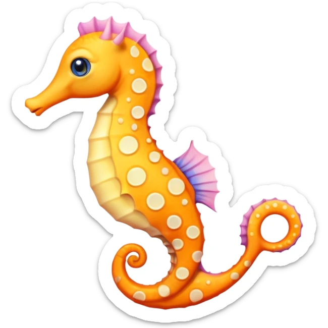 olorful cartoon-style seahorse. 🪸

It’s primarily orange with yellow and white spots along its body. The seahorse has a large blue eye, a curled tail, and a pinkish fin on its back. Its design is cute and stylized—similar to what you’d find in children’s illustrations, stickers, or emoji-like art sticker