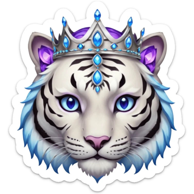 ESO Female white/black tiger khajiit leader of the umbral rose, glowing blue eyes, glowing blue 'third eye' gem; silver crown/tiara with purple gems sticker