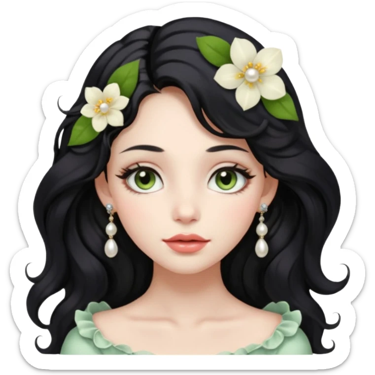 A soft and elegant girl with long wavy black hair, hazel-green almond eyes, full lips, and porcelain skin. She wears light makeup, pearl earrings, and sometimes a flower in her hair. Her style is feminine, dreamy, and cozy. sticker
