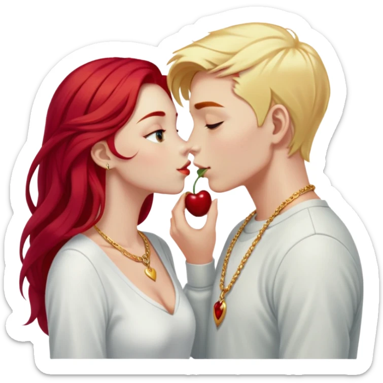 couple kissing, girl with long cherry red hair and blonde eyebrows, gold A necklace, light clothes, and boy with PURE WHITE SHORT HAIR (completely white like paper, not blonde, not gray) sticker
