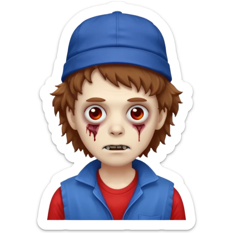 brown fluffy hair zombie with blue and white hat dark blue jilet red t shirt sticker
