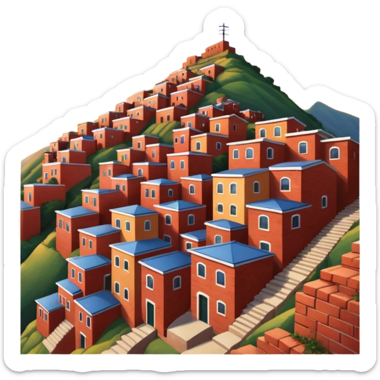 Urban Peruvian hillside neighborhood, brick houses stacked on steep hills, unfinished red brick buildings, colorful painted facades, narrow stairways, electric cables crossing the sky, sunset lighting, realistic style, cinematic, high detail sticker