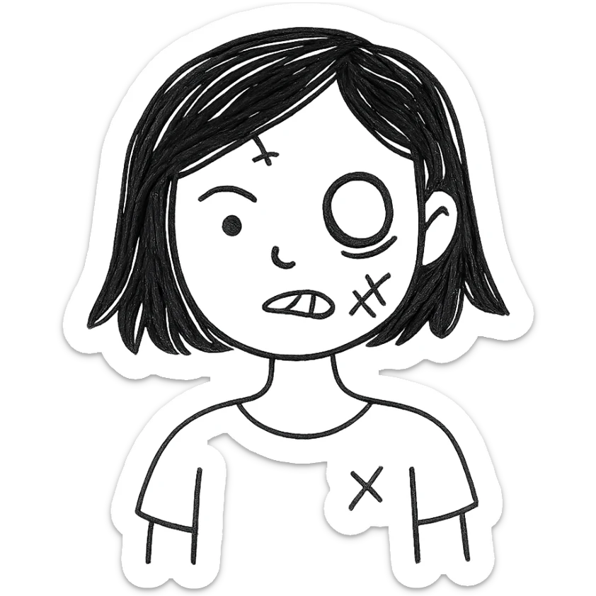 girl zombie with black short hair, minimalistic, clean lines, modern look sticker
