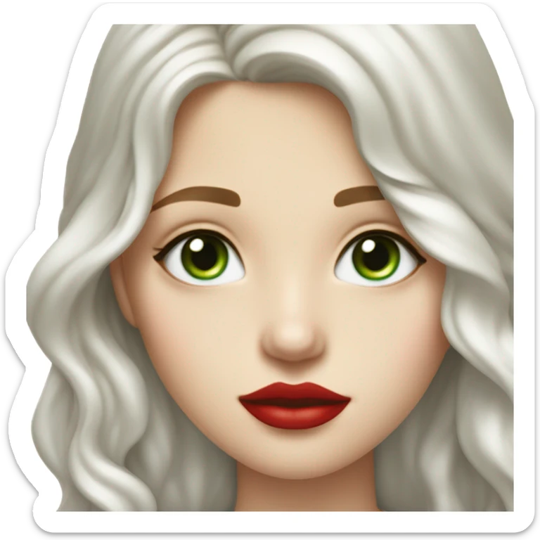 long wavy hair, tomato red lipstick, blue-green bright eyes, white skin and a very small sharp nose sticker