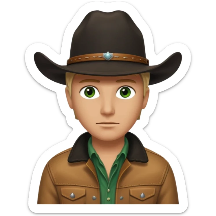 yellowstone ranch cowboy with black cowboy hat, black t-shirt, leather tan jacket, and green eyes sticker