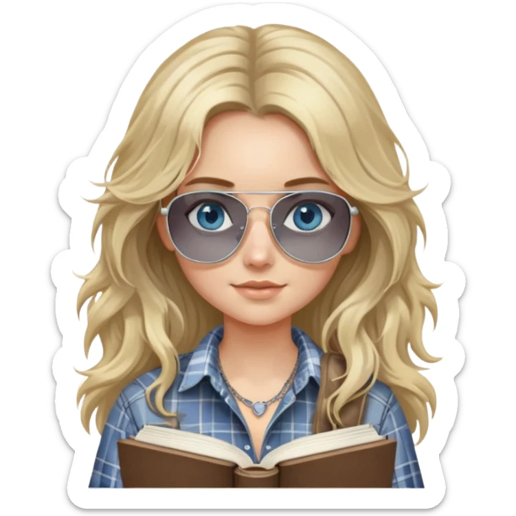 girl with long blond messy hair wearing grey plaid shirt with blue eyes and aviator sunglasses wearing a ring on her silver necklace, holding law books sticker