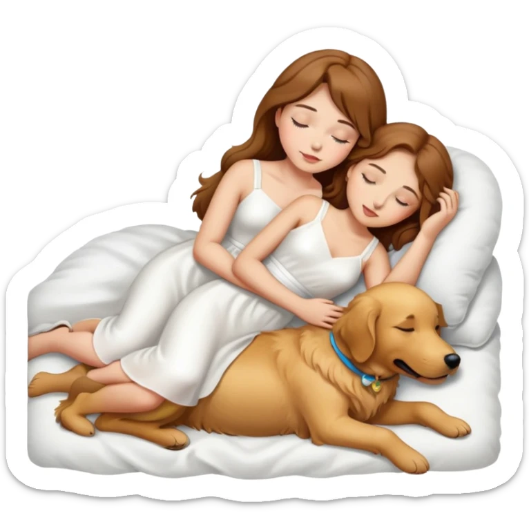 one girl with brown hair, light skin, and wear a white dress sleep on one golden retriever dog sticker