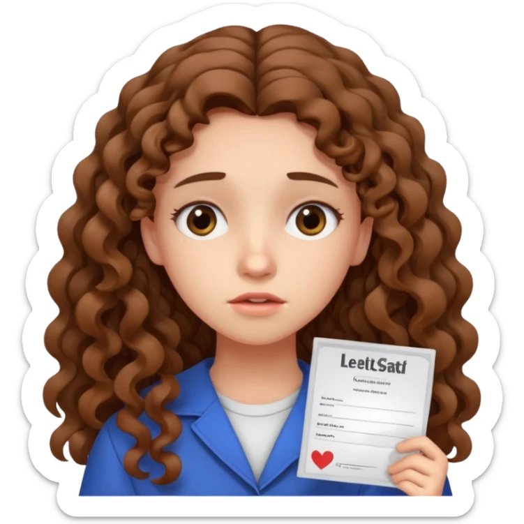 A girl with long curly brown hair shows an IELTS certificate with low score dissapointed sticker