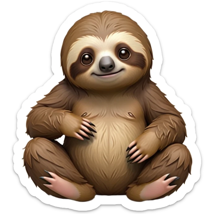cinematic-sloth-realistic-full-body-sitting-emoji,-long-curved-claws-clinging,-thick-shaggy-brown-fur-slightly-ruffled,-head-tilted-dramatically,-slow-blinking-eyes-filled-with-serene-wisdom,-simplified-yet-realistic-focused-features,-highly-detailed,-glowing-with-an-almost-sarcastic-glow sticker