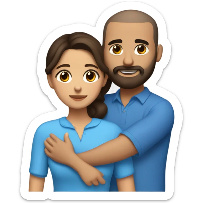 Comforting hug from brunette Puerto Rican with dark brown eyes wearing a cute blue blouse to short, bald man with brown eyes and a beard sticker