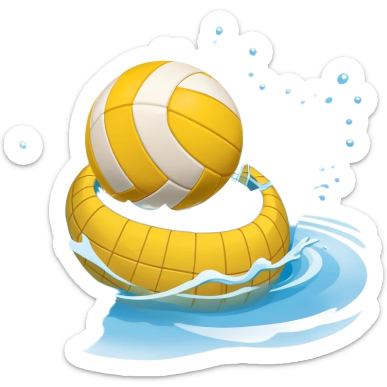 An icon featuring a yellow water polo ball floating on the water with goals in the background, inside a swimming pool. The design includes splashes and ripples, symbolizing the fast-paced action and strategy of water polo. Transparent background highlights. sticker
