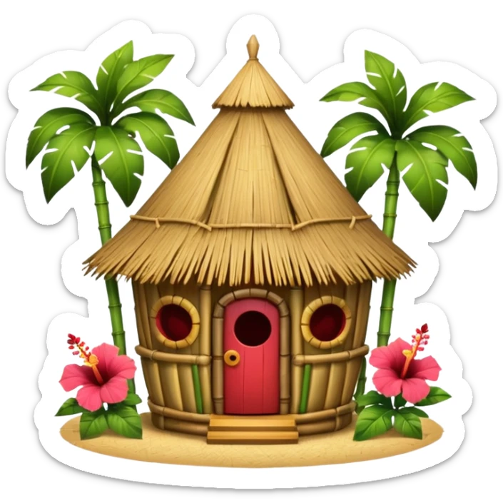 Hawaiian tiki hut house, round tropical hut, bamboo details, thatched roof, tiki masks decoration, hibiscus flowers, cute mobile game icon, 3D cartoon, clean background, no text sticker