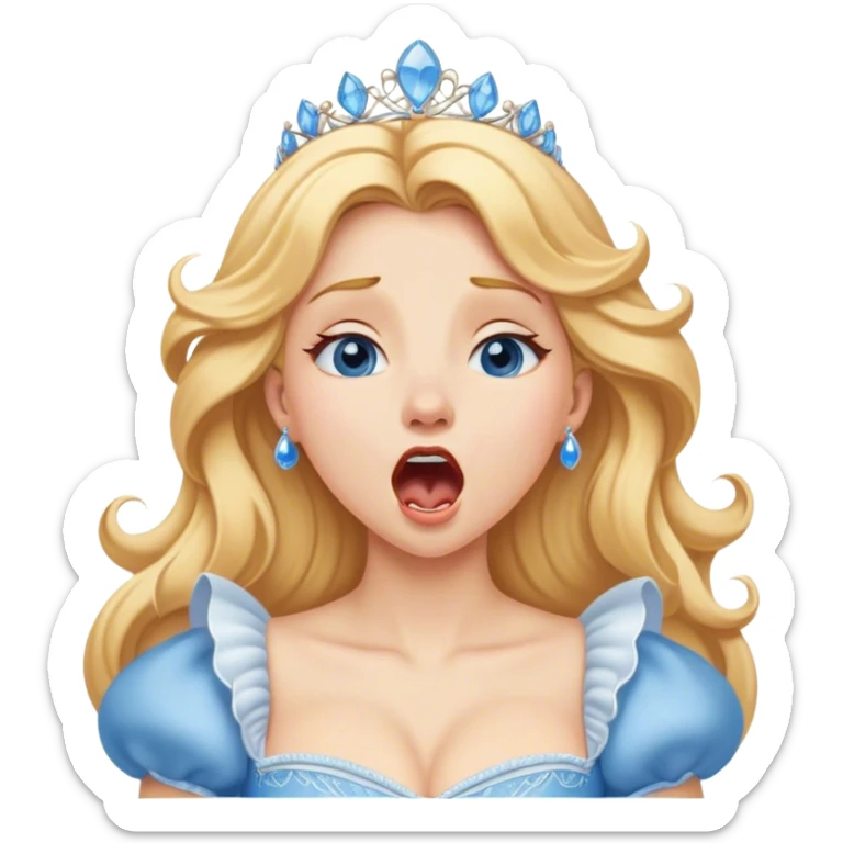 Cinematic Realistic Yawning Cinderella Portrait, showcasing lifelike porcelain skin and intricately detailed golden-blonde hair styled flawlessly as she mid-yawn reveals a moment of tender vulnerability. Her half-closed blue eyes and relaxed expression are rendered with natural, soft lighting that emphasizes the subtle textures of her face and the detailed, flowing fabric of her iconic gown. The scene glows with a cozy, authentic warmth that captures a rare, intimate moment of repose. sticker