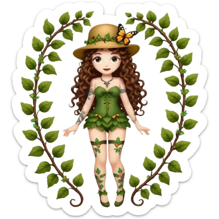 full body woman long curly brown hair brown eyes white skin tattoos wearing butterfly hat and glowing vine stockings sticker