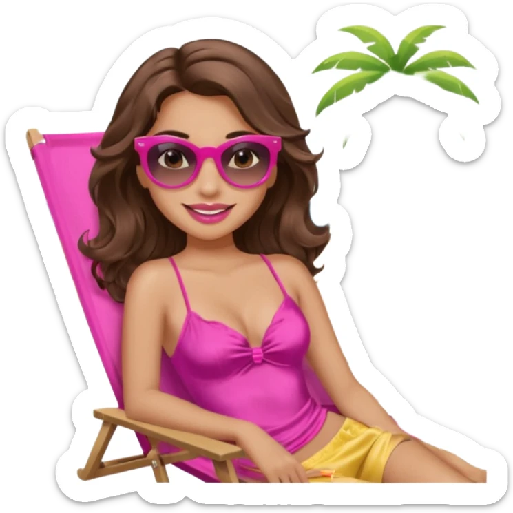 girl with long wavy brown hair, brown eyes, long lashes makeup, sexy pink lips, smiling, light to medium complexion, wearing a pink sexy silk top, relaxing in a beach chair  sticker