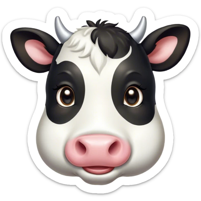 Cinematic Cute Black and White Cow Portrait Emoji, Head tilted playfully and inquisitively, featuring a glossy, contrasting coat of black and white, round, sparkling brown eyes filled with gentle curiosity, Simplified yet irresistibly adorable features, highly detailed, glowing with a warm, friendly glow, high shine, affectionate and serene, stylized with a touch of contemporary charm, bright and endearing, soft glowing outline, capturing the essence of a mischievous yet loving cow, so playful it feels like it could moo out of the screen and into your arms! sticker