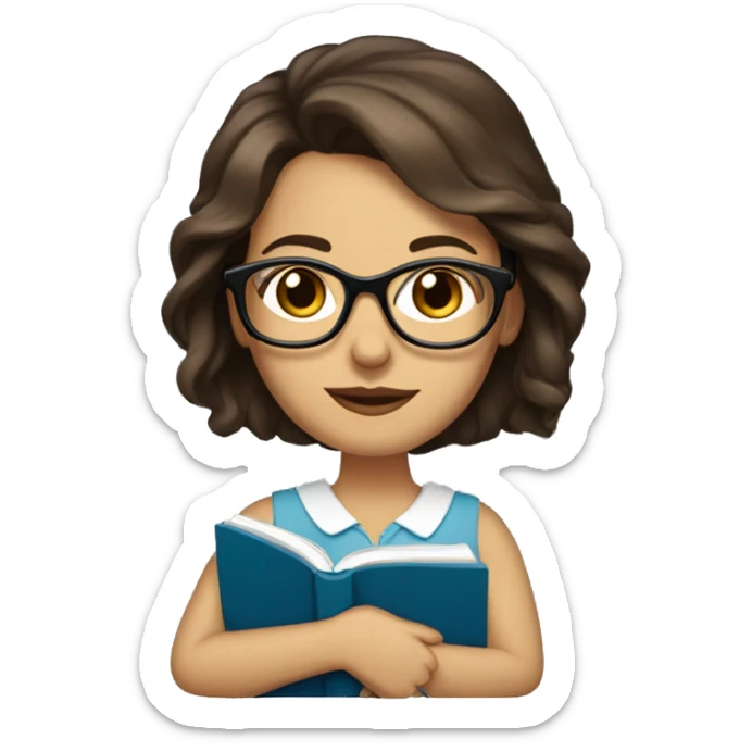 woman with glasses and and blue eyes and medium length brunette hair halding a book sticker