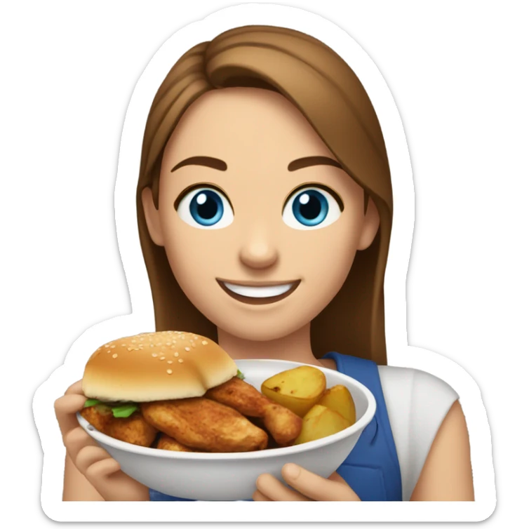 White girl blue eyes brown hair eating grilled chicken and potato  sticker