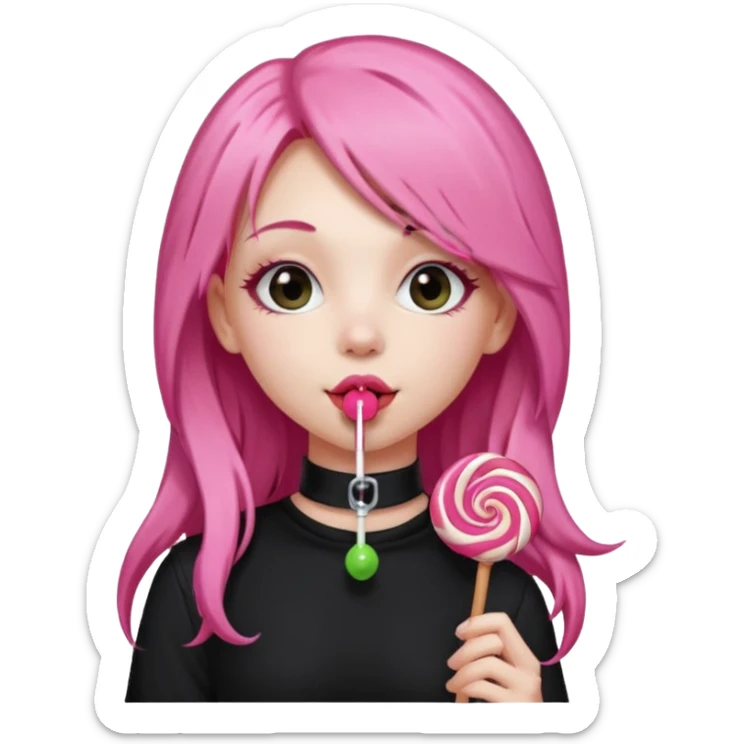 Cute girl with long pink hair wearing black, and a cute choker  licking a lolli sticker
