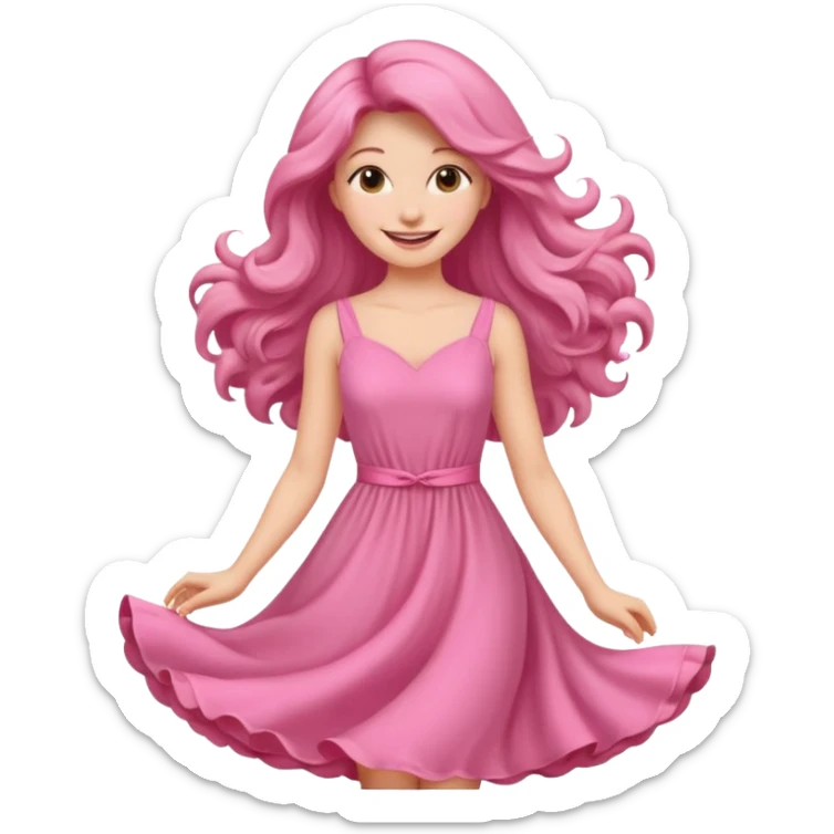 Cewe Romantis Dress warna pink lembut, rambut terurai, lagi senyum sticker